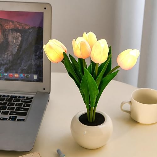 Tulpe Nachtlicht mit Keramikvase, Tulpe Lampe Tisch, Simulation Tulpe LED Tischlichter für Haus Wohnzimmer Desktop Dekor, Geschenke für Freunde (Rosa) von TWSOUL