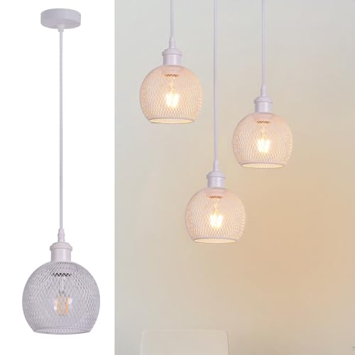 TWSXTE Weiß Pendelleuchte, Industrielle Vintage Deckenleuchte, Rustikaler Stil Käfig-Kronleuchter Schlafzimmer Lampe, E27 LED Verstellbare Seil Dekoration von TWSXTE