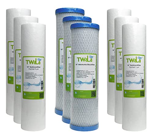 1,5 Jahre Set 9-teilig TWaLa 10" Zoll Ersatzfilter Umkehrosmose Anlage RO Polypropylen Sediment Vorfilter Grobfilter Aktivkohleblock Trinkwasser Filter Wasserfilter zur Wasseraufbereitung von TWaLa