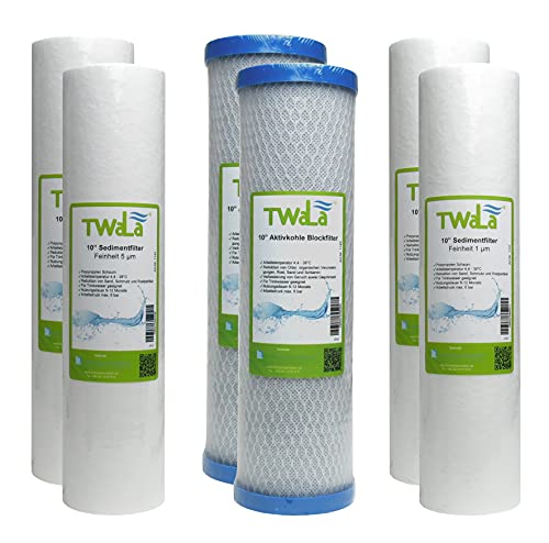 1 Jahr Set 6-teilig TWaLa 10" Zoll Ersatzfilter Umkehrosmose Anlage RO Polypropylen Sediment Vorfilter Grobfilter Aktivkohleblock Trinkwasser Filter Wasserfilter zur Wasseraufbereitung von TWaLa