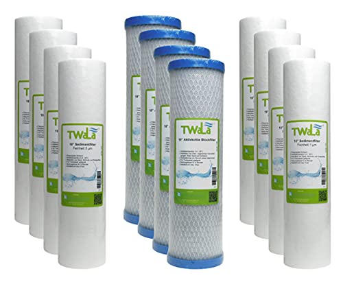 2 Jahre Set 12-teilig TWaLa 10" Zoll Ersatzfilter Umkehrosmose Anlage RO Polypropylen Sediment Vorfilter Grobfilter Aktivkohleblock Trinkwasser Filter Wasserfilter zur Wasseraufbereitung von TWaLa