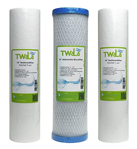 Set 3-teilig TWaLa 10" Zoll Ersatzfilter Umkehrosmose Anlage RO Polypropylen Sediment Vorfilter Grobfilter Aktivkohleblock Trinkwasser Filter Wasserfilter zur Wasseraufbereitung von TWaLa