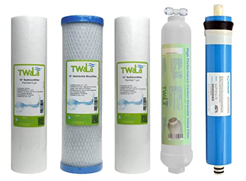 TWaLa Marken Osmose Ersatzfilter Set 10 Zoll mit Membrane 75 GPD (3 Vorfilter + Membrane + Nachfilter) von TWaLa
