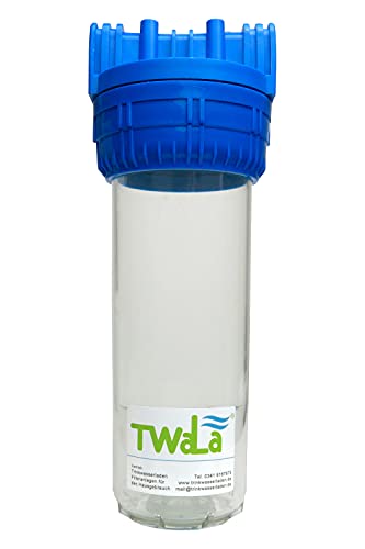 TWaLa Wasserfilter Gehäuse mit Messing 1" Anschluss transparent blau für 10" Filterpatronen Hauswasserwerk Garten Brunnen Pool inkl. Schlüssel und Wandhalterung von TWaLa
