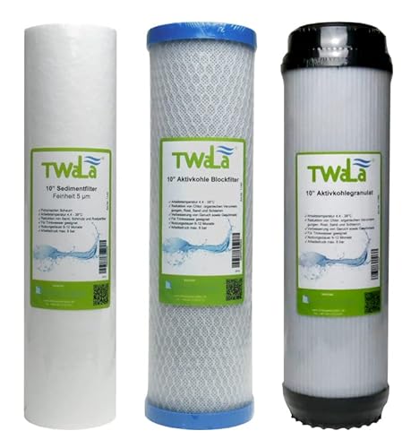 TWaLa Wasserfilter Set 10" 3-teilig Ersatzfilter Umkehrosmose Anlage RO Sediment Aktivkohleblock Aktivkohlegranulat (3 Vorfilter mit Granulat) von TWaLa