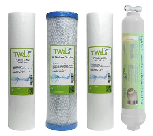 TWaLa Wasserfilter Set 10" 4-teilig Ersatzfilter Umkehrosmose Anlage RO Sediment Aktivkohleblock Aktivkohlegranulat (3 Vorfilter + Nachfilter) von TWaLa