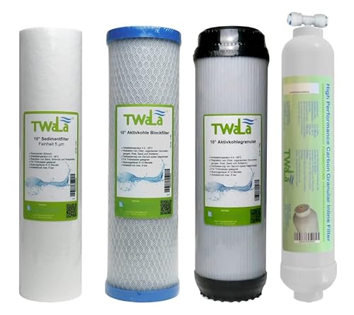 TWaLa Wasserfilter Set 10" 4-teilig Ersatzfilter Umkehrosmose Anlage RO Sediment Aktivkohleblock Aktivkohlegranulat (3 Vorfilter Granulat + Nachfilter) von TWaLa