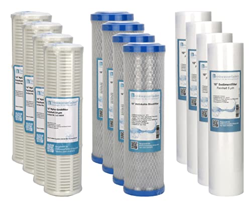 Wasserfilter Filtereinsätze für 3 Stufen Filtergehäuse Brunnenwasser Regenwasser Teichwasser Geräteschutz Pumpenvorfilter Nylon Siebfilter Aktivkohleblock Sedimentfilter Vorfilter 10 Zoll (12 Filter) von TWaLa