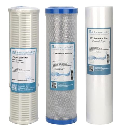 TWaLa Wasserfilter 3 Stück: Nylon Siebfilter, Aktivkohleblock, Sedimentfilter für 10" Filtergehäuse, Brunnenwasser, Regenwasser, Teichwasser, Poolwasser von TWaLa