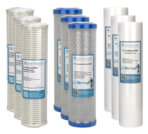 TWaLa Wasserfilter 10 Zoll (9 Filter) - Nylon Siebfilter, Aktivkohleblock, Sedimentfilter - 3 Stufen Filter für Brunnenwasser, Regenwasser, Teichwasser, Poolwasser - Geräteschutz, Pumpenvorfilter von TWaLa