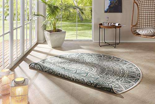 freundin Home Collection Nora In- & Outdoor Teppich Rund – Wendeteppich Wetterfest Modernes Design Runder Teppich für Balkon Terrasse Wintergarten Badteppich Wohnzimmerteppich, Grün Creme, 140cm von TWhours