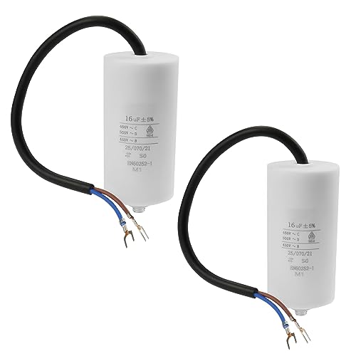 2 Stück AnlaufKondensator 16µF 450V Arbeitskondensator Leitung M8 mit 20cm Anschlußkabel und Kabelschuhe Anlaufkondensator Motorstartkondensator 16uF | 88x38mm von TXErfolg