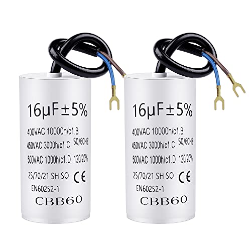 2 Stück Kondensator CBB60 16µF 450V 50/60 Hz Arbeitskondensator mit 20cm Anschlußkabel und Kabelschuhe Anlaufkondensator Motorstartkondensator 16uF | 74x37mm von TXErfolg