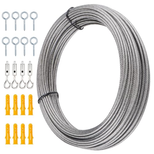 Drahtseil Rankhilfe Set 20M Edelstahl Draht Seil mit Längenverstellbar Haken Ummantelt 2mm PVC-Beschichtetes 7X7 Edelstahlseil als Wäscheleine Kletterpflanzenseil Gardinenseil Duschvorhangseil von TXErfolg