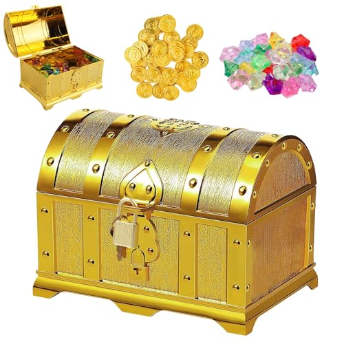 TXErfolg Schatztruhe Goldmünzen Edelstein Schatzkiste Set Schatztruhe Kindergeburtstag Kleine Schatztruhen mit Schloss und Deckel für Geburtstagsgeschenke Kindergeschenk(14x11x10cm) von TXErfolg