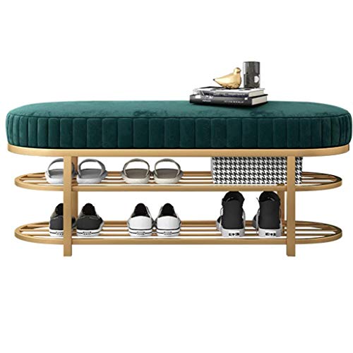 TXFXZXZ Große, mit Samt gepolsterte Schuhbank, 2-stöckiges Schuhregal aus Metall mit weicher Schwammsitzfläche, moderner Sofa-Nachttischhocker mit Ablagefläche, for Flur und Eingangsbereich(Green) von TXFXZXZ