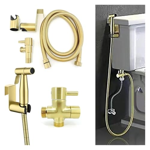 Edelstahl Gold Toilette Bidet Sprayer WC Dusche Kopf Set Douche Handheld Wasser T Ventil Schlauch Kit Badezimmer Reinigung(Package10) von TXLEAPEY