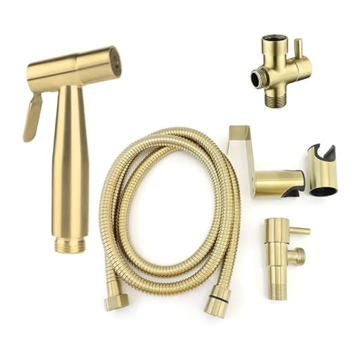 Edelstahl Gold gebürstet Toilette Bidet Spray Badezimmer Duschkopf Sprayer Set Handwasser T-Ventil Schlauch Kit(Package3) von TXLEAPEY