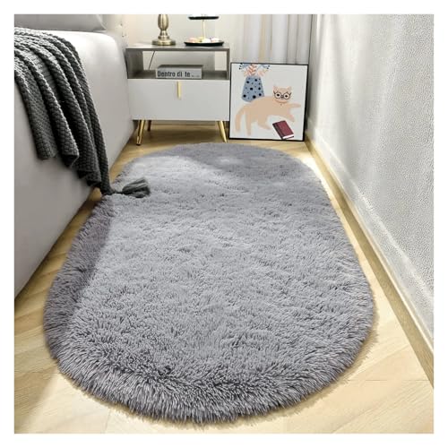 Luxuriöser grauer ovaler Teppich for Wohnzimmer, Sofa, weicher, zotteliger Schlafzimmerteppich, dicker Plüschteppich for Kinderzimmer, Nachttisch-Kinderzimmermatten(Light grey,120x200cm(47x78in)) von TXLEAPEY