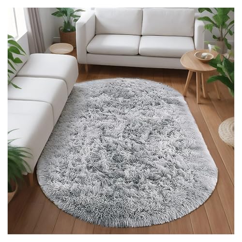 Luxuriöser grauer ovaler Teppich for Wohnzimmer, Sofa, weicher, zotteliger Schlafzimmerteppich, dicker Plüschteppich for Kinderzimmer, Nachttisch-Kinderzimmermatten(Light grey2,160x200cm(62x78in)) von TXLEAPEY