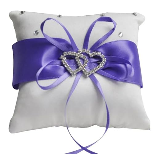 TXLEAPEY 10x10 cm Romantische Braut Hochzeit Ring Kissen Doppel Herz Band Kissen Decor Strass Decor for Hochzeit(Purple) von TXLEAPEY