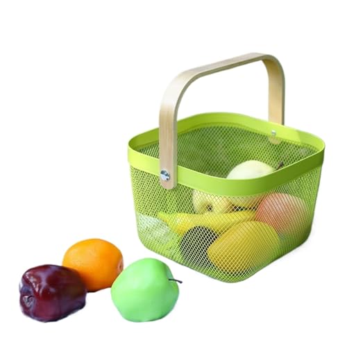 TXLEAPEY Bambusgriff Metallgeflecht Stahlkorb Einfarbig Metall Aufbewahrungskorb Wasser Obstkorb Entwässerungskorb(Green) von TXLEAPEY