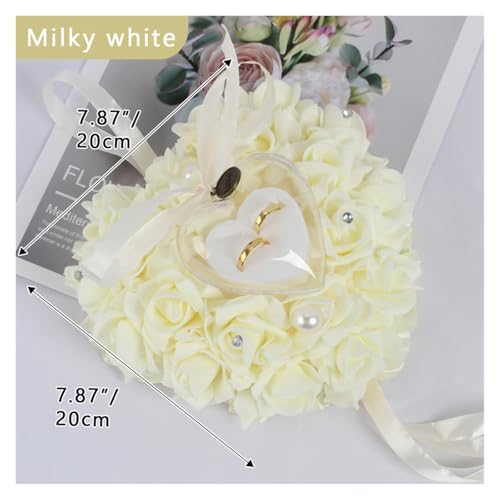 TXLEAPEY Romantische Hochzeit Schmuck Fall Herz-Form Rose Blumen Ring Box Hochzeit Ring Bearer Kissen Kissen Halter Ring Display(Milky White) von TXLEAPEY