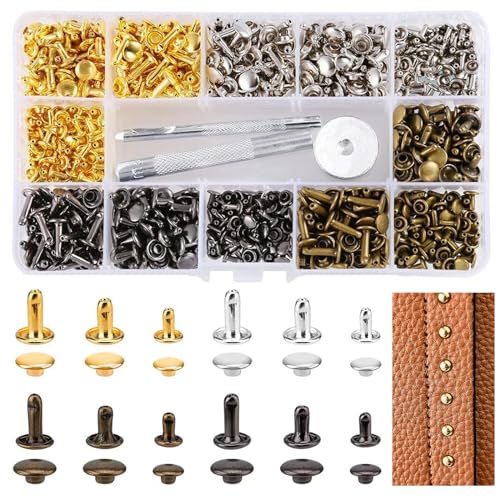 360 Set Leder Nieten Doppelkappe Rivet 3 Größen Nieten für Leder Ledernieten Metallnieten Set Doppelkappe Nieten Set mit 3 Stück Fixierung Werkzeug Hohlnieten für DIY Lederhandwerk Kleidung Dekoration von GETRICH