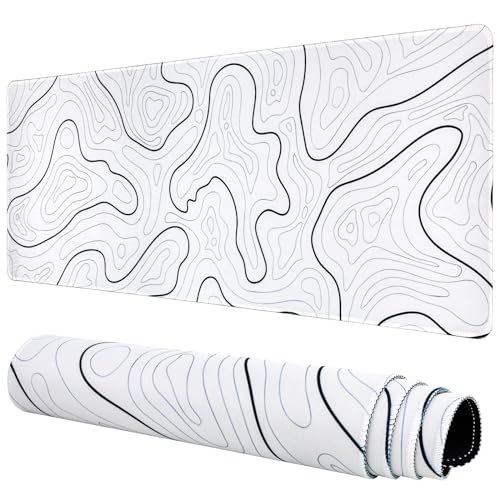 Gaming Mauspad Topographische Lange Mousepad Große 31.5 X 11.8 Zoll Schreibtischunterlage Matte mit rutschfester Basis genähte Rand Tastatur Matte für Büro Schreibtisch Unterlegmatte (Weiß) von TXWWUS