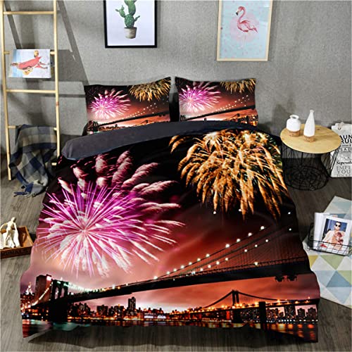 3D-gedruckte Bettdecke, Feuerwerk, Bettwäsche, Bettbezug-Set, weicher Mikrofaser-Bettbezug für Teenager und Erwachsene (Einzelgröße 135 x 200 cm, 1 Bettbezug + 1 Kissenbezug) von TXZSTGB