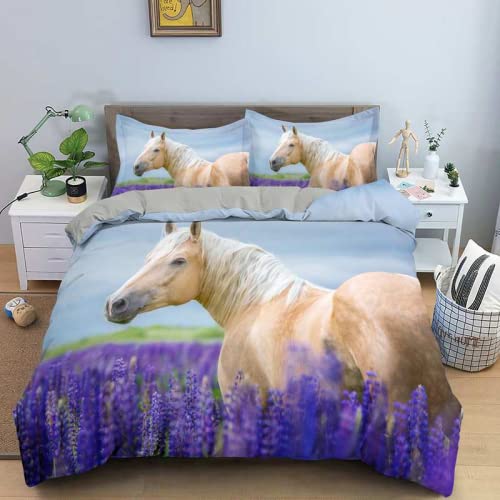 3D-gedruckte Bettdecke mit coolem Pferd Bettbezug-Set, 3-teilig, weiche Mikrofaser-Bettwäsche (King-Size-Größe 220 x 240 cm, 1 Bettbezug + 2 Kissenbezüge) von TXZSTGB