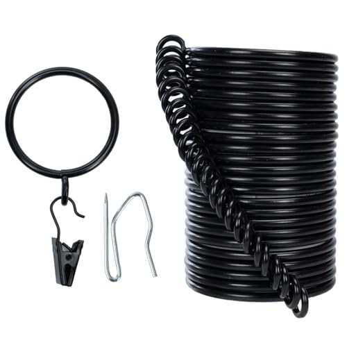Vorhangringe und Hakenclip, 25 mm Innendurchmesser, komplettes Set mit Gardinenstangenringen, Haken und Clips, 24 Stück, Vorhangringe für zwei Standard-Vorhänge, Schwarz TXZWJZ von TXZWJZ