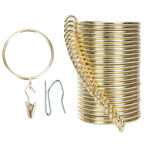 Vorhangringe und Hakenclip, 50 mm Innendurchmesser, komplettes Set mit Gardinenstangenringen, Haken und Clips, 24 Stück, Vorhangringe für zwei Standard-Vorhänge, Gold TXZWJZ von TXZWJZ