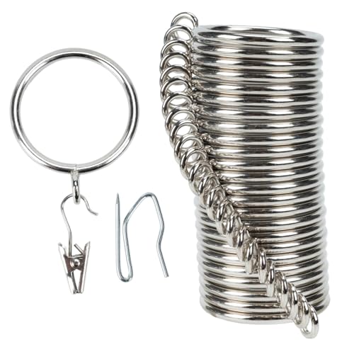 Vorhangringe und Hakenclip, 50 mm Innendurchmesser, komplettes Set mit Gardinenstangenringen, Haken und Clips, 24 Stück, Vorhangringe für Zwei Standard-Vorhänge Silber TXZWJZ von TXZWJZ