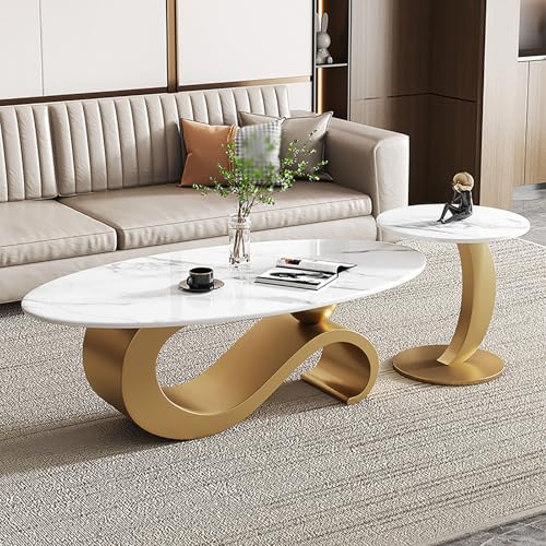 TY&WJ Kunstmarmor Goldfarben Nesting Couchtisch,Modern Oval Wohnzimmertisch Sofatisch 2Er-Set Mit Rundem Beistelltisch Für Wohnzimmer,A,120x60x45cm(47x24x18inch) von TY&WJ