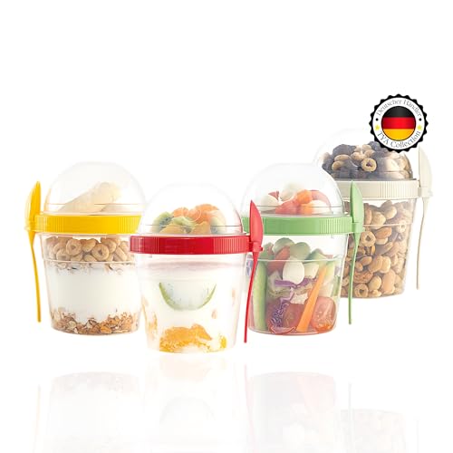 TYA I Müslibecher to go mit Deckel, 4-er Set 500 ml Joghurt Becher mit Löffel zum Frühstück,%100 BPA FREI, Obstbehalter für Overnight Oats, Mini Müsli Schüssel, Meal Prep Box von TYA Collection