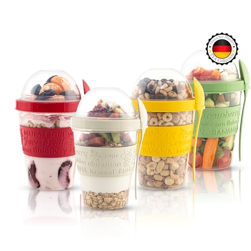 TYA I Müslibecher to go mit Deckel, 4-er Set 600 ml Joghurt Becher mit Löffel zum Frühstück,%100 BPA FREI, Obstbehalter für Overnight Oats, Mini Müsli Schüssel, Meal Prep Box von TYA Collection