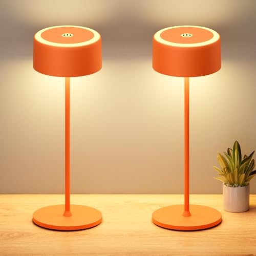 TYEE 2 Stück Tischlampe Kabellose LED Dimmbare Akku Tischleuchte, Wiederaufladbar Warme Licht 2200-3000K Tischleuchte Für Innen/Aussen mit USB-C,Aluminium Tischlampe IP54 Wasserdichte,Orange von TYEE