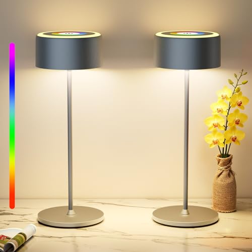 TYEE 2 Stück Tischlampe Kabellose LED Dimmbare Tischleuchte mit RGB,Wiederaufladbar Warme Licht 2200-3000K Tischleuchte Für Innen/Aussen mit USB-C,Aluminium Tischlampe IP54 Wasserdichte,Grau TYEE 2 Stück Tischlampe Kabellose LED Dimmbare Tischleuchte mit RGB,Wiederaufladbar Warme Licht 2200-3000K Tischleuchte Für Innen/Aussen mit USB-C,Aluminium Tischlampe IP54 Wasserdichte,Grau von TYEE