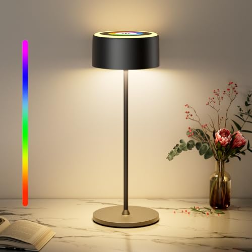 TYEE Tischlampe Kabellose LED Dimmbare Akku Tischleuchte, Wiederaufladbar 3000-6000K+RGB Tischleuchte Für Innen und Aussen mit USB-C, Aluminium Tischlampe IP54 Wasserdichte, Schwarz von TYEE