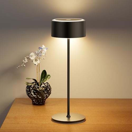 TYEE Tischlampe Kabellose LED Dimmbare Akku Tischleuchte, Wiederaufladbar Warme Lichtfarbe 2200-3000K Tischleuchte Für Innen und Aussen mit USB-C, Aluminium Tischlampe IP54 Wasserdichte, Schwarz von TYEE