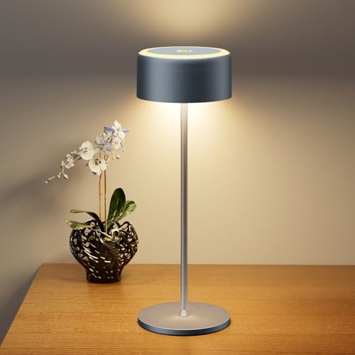 TYEE Tischlampe Kabellose LED Dimmbare Akku Tischleuchte, Wiederaufladbar Warme Lichtfarbe 2200-3000K Tischleuchte Für Innen und Aussen mit USB-C, Aluminium Tischlampe IP54 Wasserdichte, grau von TYEE