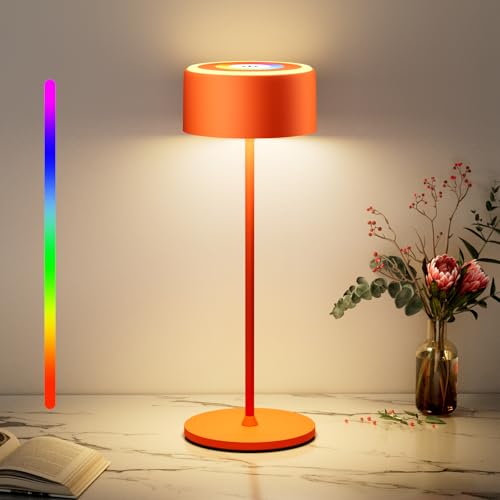 TYEE Tischlampe Kabellose LED Dimmbare Tischleuchte mit RGB, Wiederaufladbar Warme Lichtfarbe 2200-3000K Tischleuchte Für Innen und Aussen mit USB-C,Aluminium Tischlampe IP54 Wasserdichte, (Orange) von TYEE