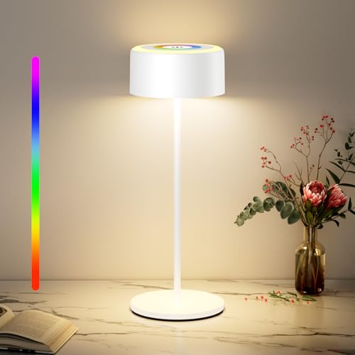TYEE Tischlampe Kabellose LED Dimmbare Tischleuchte mit RGB, Wiederaufladbar Warme Lichtfarbe 2200-3000K Tischleuchte Für Innen und Aussen mit USB-C,Aluminium Tischlampe IP54 Wasserdichte, (Weiß) von TYEE