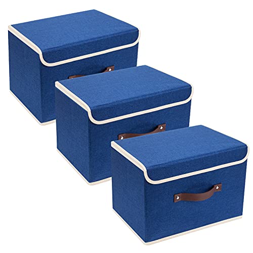 TYEERS Faltbare Aufbewahrungsbox mit Deckel, Stoff, Waschbare, Kisten Aufbewahrung mit Deckel, 38x25x25 cm, 3-Stück, Klassisch Blau von TYEERS