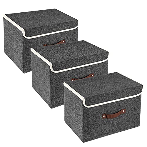 TYEERS Faltbare Aufbewahrungsbox mit Deckel, Stoff, Waschbare, Kisten Aufbewahrung mit Deckel, 38x25x25 cm, 3-Stück, Schwarz von TYEERS