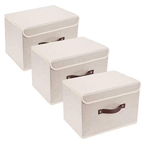 TYEERS Faltbare Aufbewahrungsbox mit Deckel, Stoff, Waschbare, Kisten Aufbewahrung mit Deckel, 38x25x25 cm, 3-Stück, Beige von TYEERS