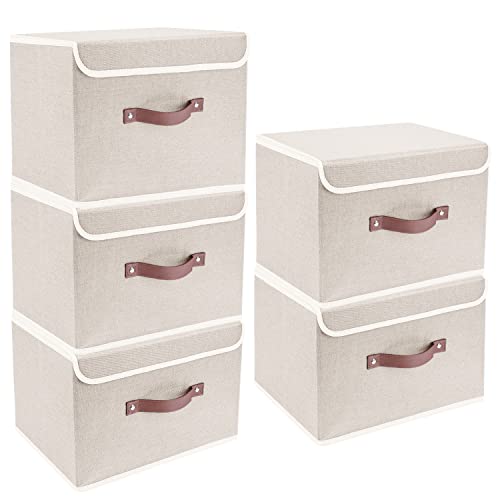 TYEERS 5-Stück Faltbare Aufbewahrungsboxen mit Deckel, Kisten Aufbewahrung mit Deckel, Boxen Aufbewahrung für Kleidung, Ordnungsboxen für Spielzeug, Regal - Beige von TYEERS