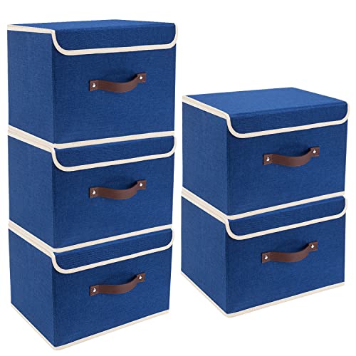 TYEERS Faltbare Aufbewahrungsbox mit Deckel, Stoff, Waschbare, Kisten Aufbewahrung mit Deckel, 38x25x25 cm, 5-Stück, Klassisch Blau von TYEERS