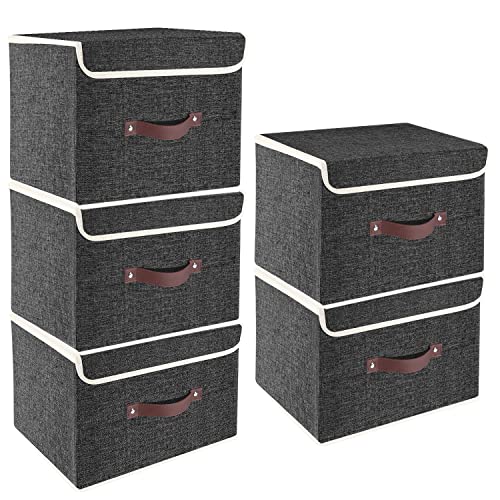 TYEERS Faltbare Aufbewahrungsbox mit Deckel, Stoff, Waschbare, Kisten Aufbewahrung mit Deckel, 38x25x25 cm, 5-Stück, Schwarz von TYEERS